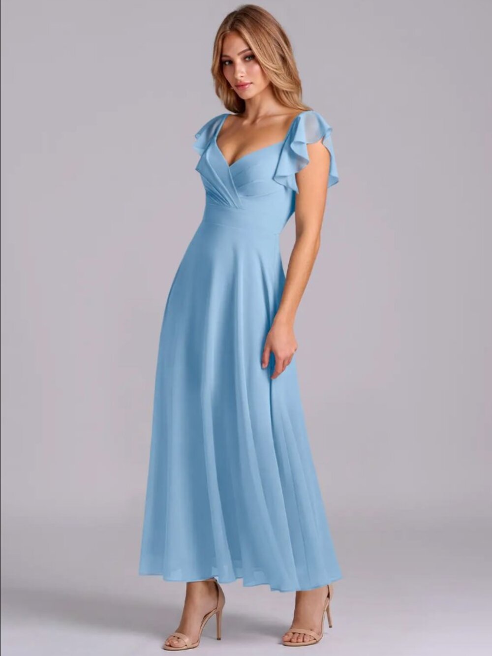 Azazie Leilani Powder Blue A-Line Ruched Chiffon Dress Size 8 - Picture 4 of 5